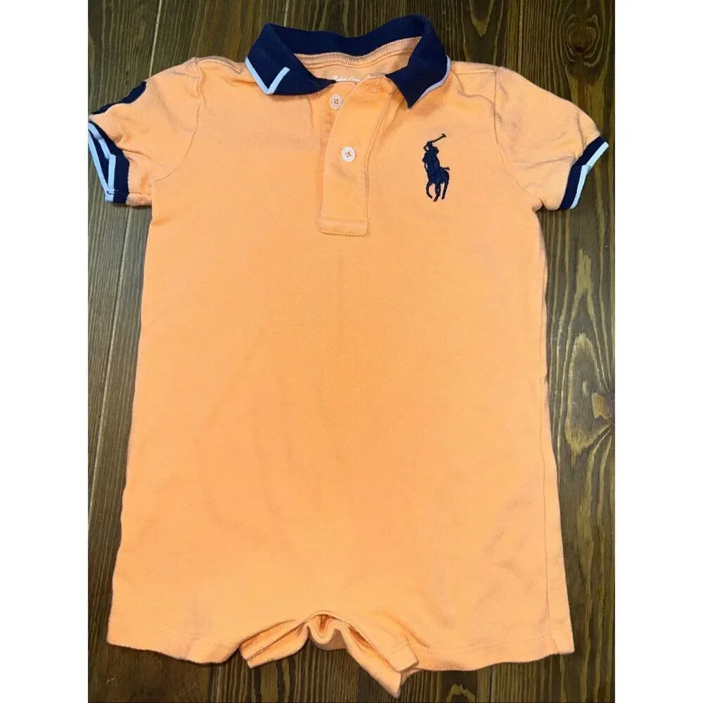 Y2K Polo Ralph Lauren Big Pony Rugby Polo one piece Orange Navy Blue Collar 18 m